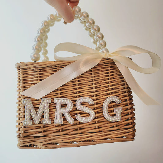 Rose & Blooms Pearl Personalised Rattan Bag