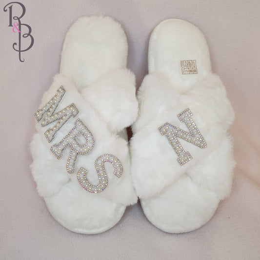 Rose & Blooms Personalised Mrs White Fur Slippers