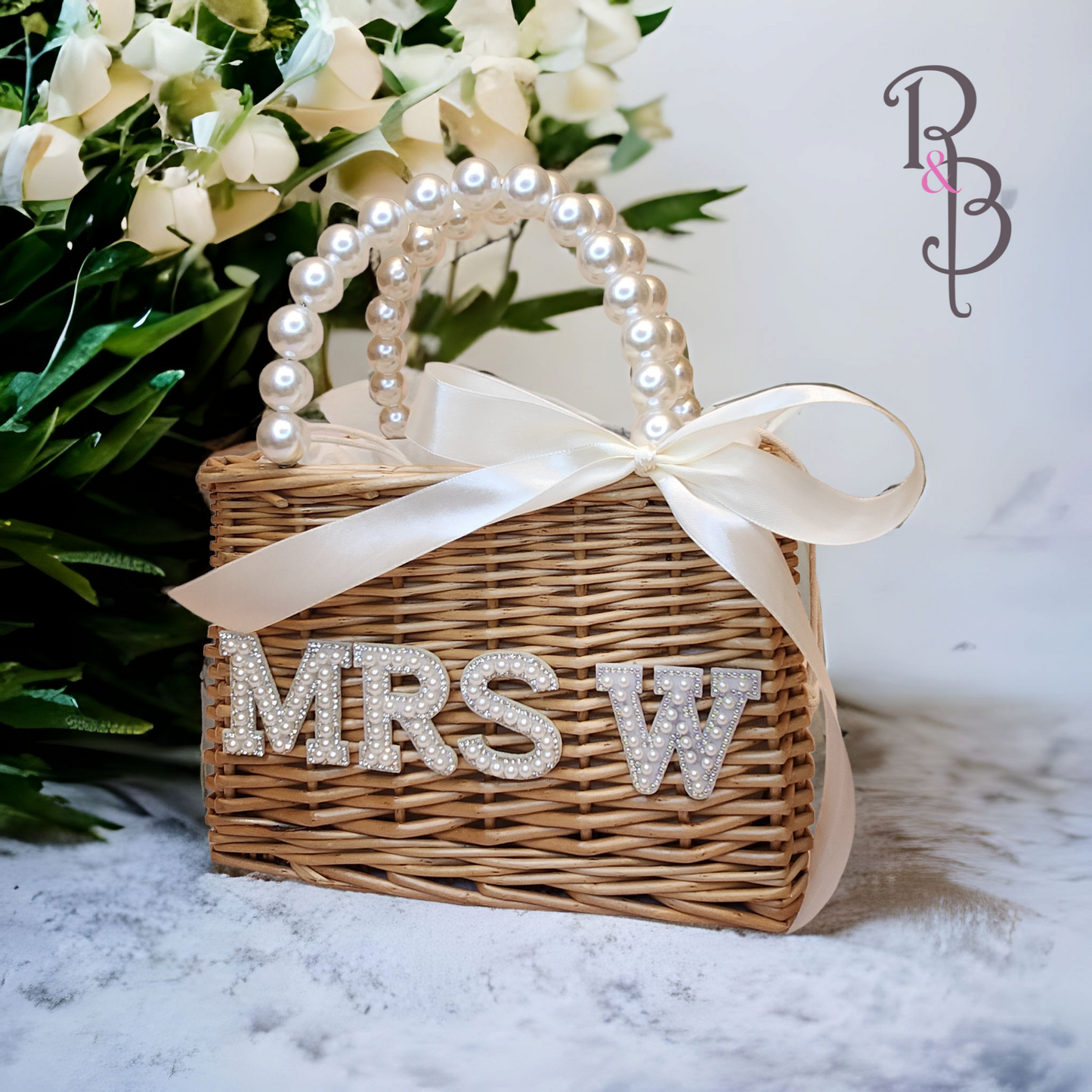 Rose & Blooms Pearl Personalised Rattan Bag