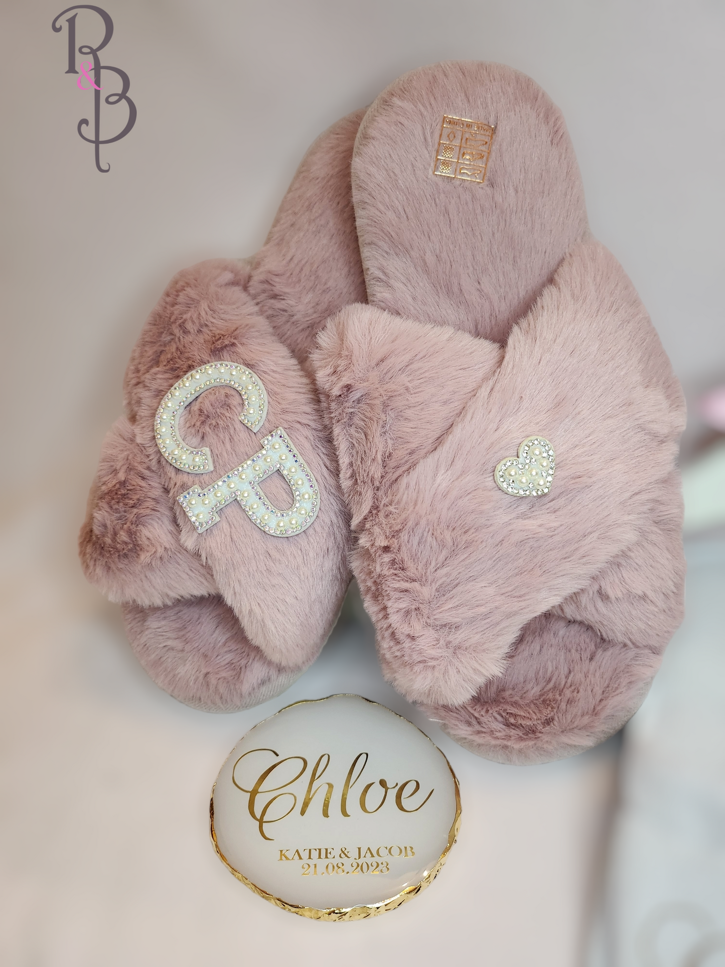 Rose & Blooms Pink Personalised Fur Slippers